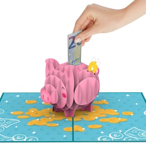 Pop Up Karte Sparschwein - 3D Karte mit Geldfach für Geldgeschenke - Geld verschenken für Geburtstag, Reisekasse, Hochzeit & Weihnachten