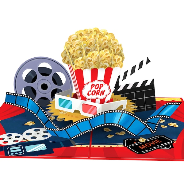 Pop Up Karte Kino Popcorn - 3D Kinogutschein, Geburtstagskarte für Kinder, Frau, Mann - Geschenk und Geldgeschenk für Kinobesuch & Filmabend