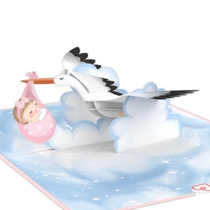 Pop Up Card Ooievaar & Baby - 3D geboortekaart voor meisjes, roze babykaart, handgemaakte wenskaart voor de geboorte, felicitatiekaart voor de babyshower