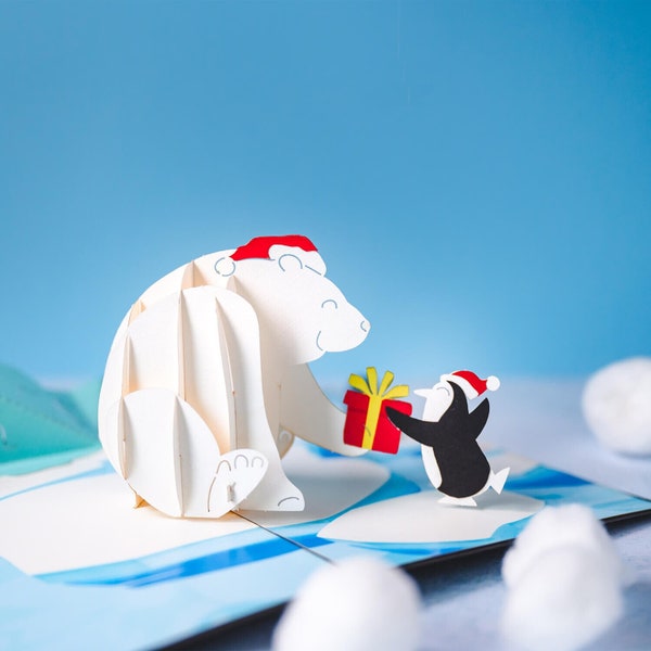 Carte Pop Up Noël "Ours Polaire & Pingouin" - Carte de Noël 3D pour femme ou homme, petit ami ou petite amie ou enfants (filles et garçons)