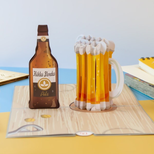 Pop Up Karte Bier - 3D Geburtstagskarte für Männer, 3D Karte zum Valentinstag & Geburtstag von Freund, Papa, Mann (40. und 50. Geburtstag)