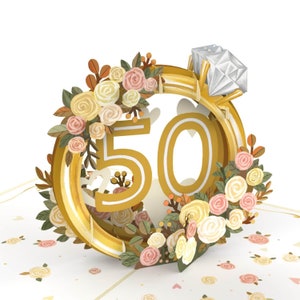 Carte Pop-Up Noces d'Or - Carte de félicitations 3D élégante pour les noces d'or, carte cadeau pour le 50e anniversaire de mariage, emballage pour un cadeau en argent