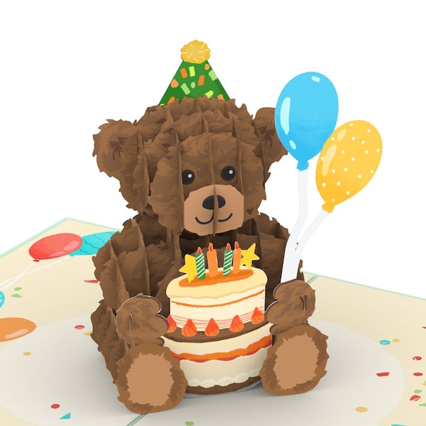 Carte Pop Up Teddy avec gâteau d'anniversaire - Carte d'anniversaire 3D avec ours pour enfants (garçons et filles), carte de vœux pour anniversaire d'enfant