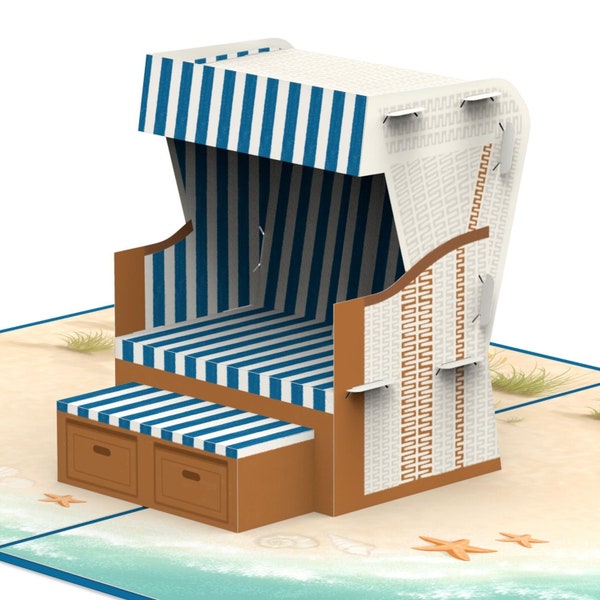 Pop Up Karte Strandkorb - 3D Geburtstagskarte mit Strand & Meer, Geldgeschenk für Hochzeitsreise, Gutschein für Urlaub (Nordsee und Ostsee)
