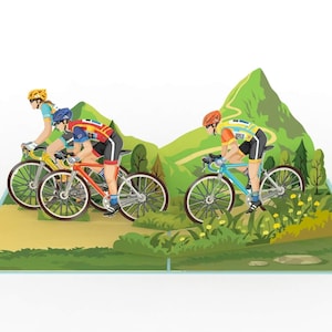 Carte pop-up cycliste de course - carte d'anniversaire 3D pour cyclistes, bon ou cadeau en espèces pour un tour à vélo, carte amusante pour la fête des pères pour papa