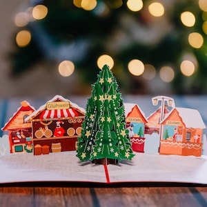 Pop Up Karte Weihnachten „Weihnachtsmarkt“ - Handgemachte 3D Weihnachtskarte mit Weihnachtsbaum für Kinder, Frauen und Männer
