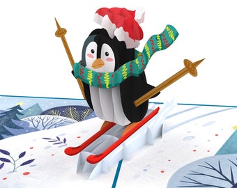 Pop Up Karte Weihnachten Pinguin auf Skiern - lustige 3D Weihnachtskarte für Kinder (Mädchen, Jungen) & Frauen, Verpackung für Geldgeschenk