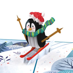 Pop Up Card Christmas Penguin on Skis - carte de Noël 3D amusante pour enfants (filles, garçons) et femmes, emballage pour cadeau en argent