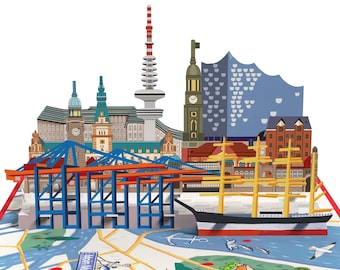 Carte pop-up Hambourg - Carte 3D comme bon pour un voyage à Hambourg, cadeau en argent pour une comédie musicale, carte d'anniversaire, bon d'hôtel pour un anniversaire