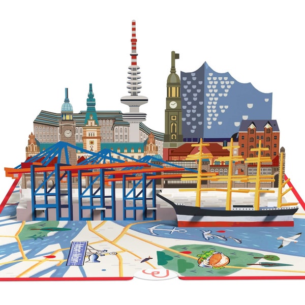 Pop-Up Karte Hamburg - 3D Karte als Gutschein für Hamburg-Reise, Geldgeschenk für Musical, Geburtstagskarte, Hotelgutschein zum Geburtstag