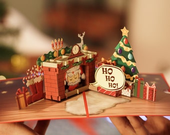 Carte Pop Up Noël "Père Noël dans la cheminée" - Carte de Noël 3D pour femme ou mari, petit ami ou petite amie et enfants