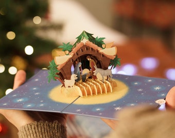 Tarjeta desplegable navideña “Pesebre en Belén” - Tarjeta de Navidad 3D para esposa, novia o hijos (niñas y niños)