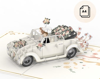 Carte pop-up XXL Mariage Voiture de mariage "Just Married" - grande carte de mariage 3D, carte de félicitations faite à la main et cadeau en argent pour l'état civil