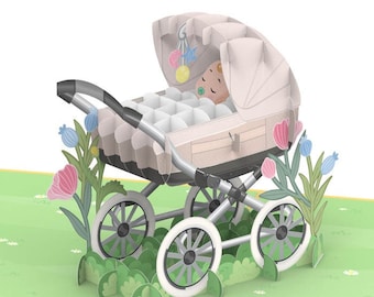 Pop Up Karte Kinderwagen mit Baby - 3D Geburtskarte für Mädchen und Jungen, Babykarte, Handgemachte Grußkarte zur Geburt, Karte zur Geburt