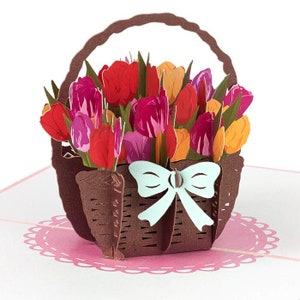 Pop Up Karte Bunter Tulpenkorb - 3D Geburtstagskarte für Frau, Mama & Freundin, Muttertagskarte, Blumenstrauß Karte, Gute Besserung Geschenk