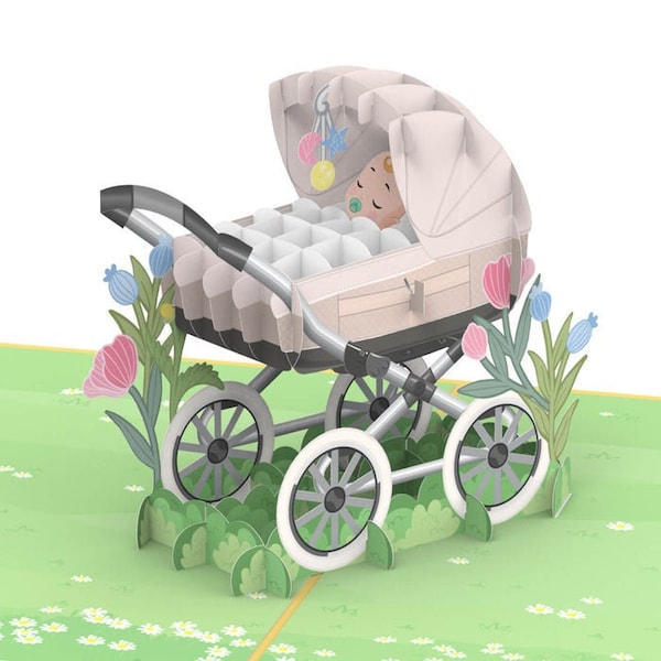 Pop Up Karte Kinderwagen mit Baby - 3D Geburtskarte für Mädchen und Jungen, Babykarte, Handgemachte Grußkarte zur Geburt, Karte zur Geburt