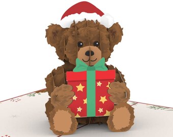 Carte de Noël Pop Up « Christmas Teddy » - Carte de Noël 3D pour enfants, filles et garçons, carte de vœux 3D pour Noël avec un ours en peluche