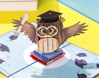 Carte pop-up hibou avec chapeau de doctorat - Carte de félicitations 3D pour avoir réussi l'examen - Cadeau et cadeau en espèces pour célibataire, maître, médecin, lycée