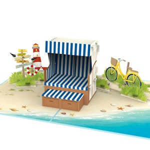3D Pop-Up Karte Strandkorb – Geburtstagskarte mit Strand & Meer, Gutschein für Urlaub, Geldgeschenk für Reise oder Reisegutschein