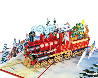 Tarjeta desplegable Tren Navideño: tarjeta navideña 3D hecha a mano con un divertido Polar Express, felicitación navideña para niños y adultos.