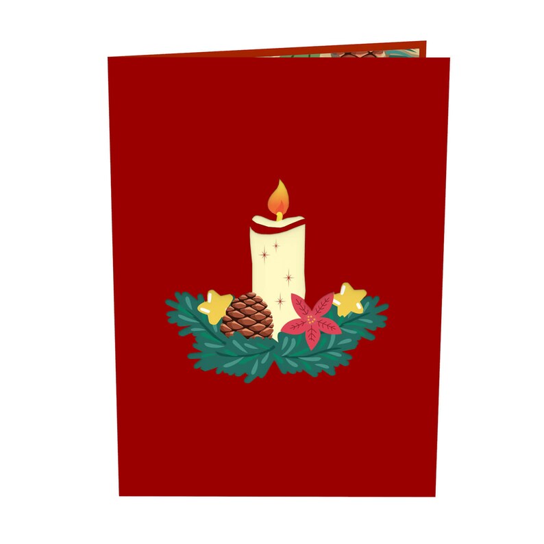 May include: A red card with a white candle with a yellow flame, a pine cone, and a red poinsettia flower surrounded by green leaves.