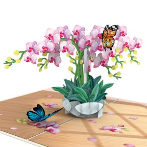 Carte pop-up orchidée avec papillon - élégante carte d'anniversaire 3D pour femme (maman, grand-mère, petite amie), carte de prompt rétablissement, carte de fête des mères