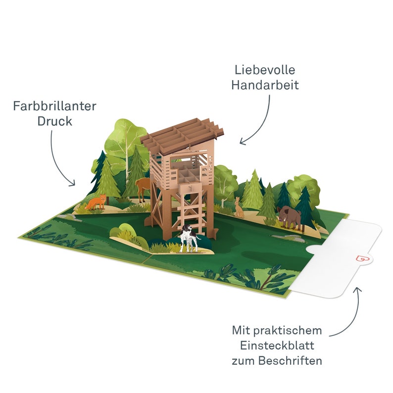 Pop Up Karte Jagd 3D Geburtstagskarte für Jäger mit Tieren Geldgeschenk für Jagdschein und zur Jagdprüfung Gutschein für Jagdzubehör Bild 2