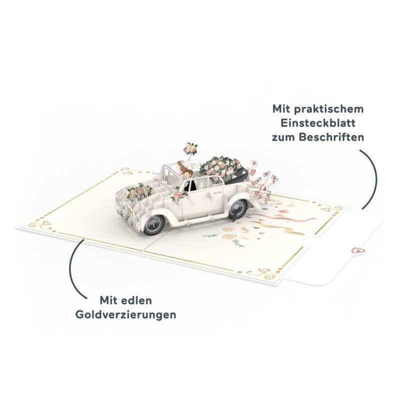 Pop Up Karte Hochzeit Hochzeitsauto Just Married 3D Hochzeitskarte, Handgemachte Glückwunschkarte und Geldgeschenk zum Standesamt zdjęcie 2