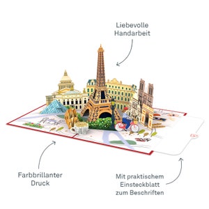 Puede incluir: Una tarjeta pop-up 3D con monumentos emblem&aacute;ticos de Par&iacute;s, como la Torre Eiffel, el Louvre y la Catedral de Notre Dame. La tarjeta es de colores brillantes y presenta un dise&ntilde;o detallado. La tarjeta incluye un inserto en blanco para escribir un mensaje.