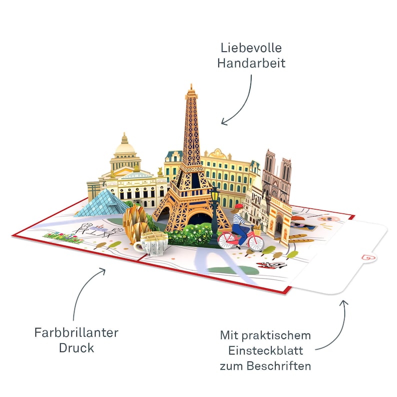 Puede incluir: Una tarjeta pop-up 3D con monumentos emblem&aacute;ticos de Par&iacute;s, como la Torre Eiffel, el Louvre y la Catedral de Notre Dame. La tarjeta es de colores brillantes y presenta un dise&ntilde;o detallado. La tarjeta incluye un inserto en blanco para escribir un mensaje.