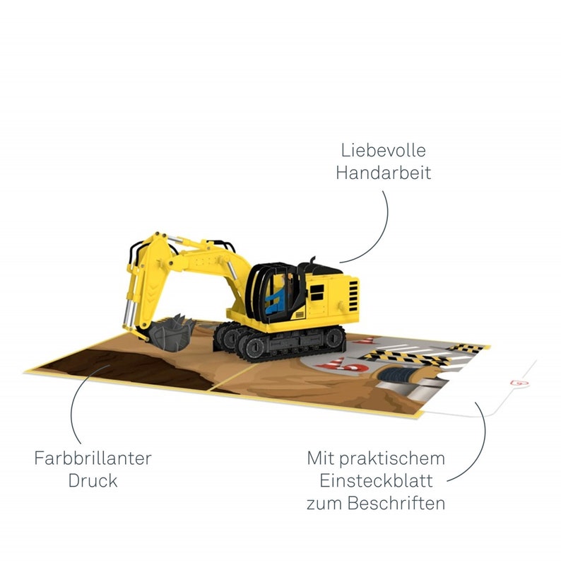 Op de afbeelding: Een gele graafmachine pop-up kaart met een bruine achtergrond. De kaart heeft de tekst "Liebevolle Handarbeit" en "Mit praktischem Einsteckblatt zum Beschriften" erop. De kaart is een 3D pop-up kaart.