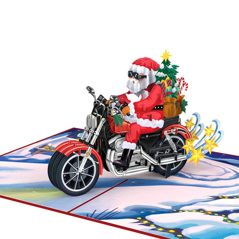 Carte de Noël Pop Up 3D « Père Noël sur une moto » - Carte de Noël amusante pour mari (petit ami, papa) ou enfants (filles et garçons) image 1