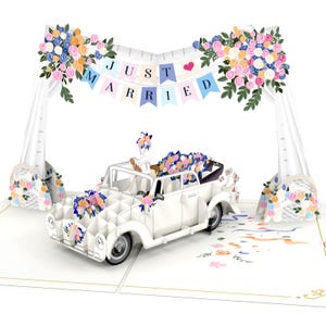 Pop Up Karte Hochzeit Hochzeitsauto und Girlande "Just Married" - 3D Hochzeitskarte, Glückwunschkarte Standesamt, Geldgeschenk Flitterwochen