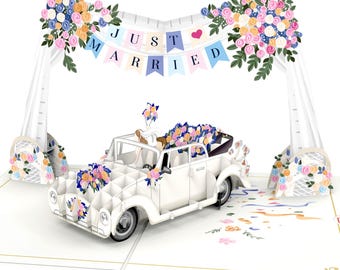 Biglietto di nozze pop-up con auto nuziale e ghirlanda "Just Married" - biglietto di nozze 3D, biglietto di congratulazioni per l'ufficio del registro, regalo in denaro per la luna di miele