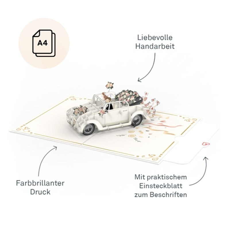 Carte pop-up XXL Mariage Voiture de mariage Just Married grande carte de mariage 3D, carte de félicitations faite à la main et cadeau en argent pour l'état civil image 2