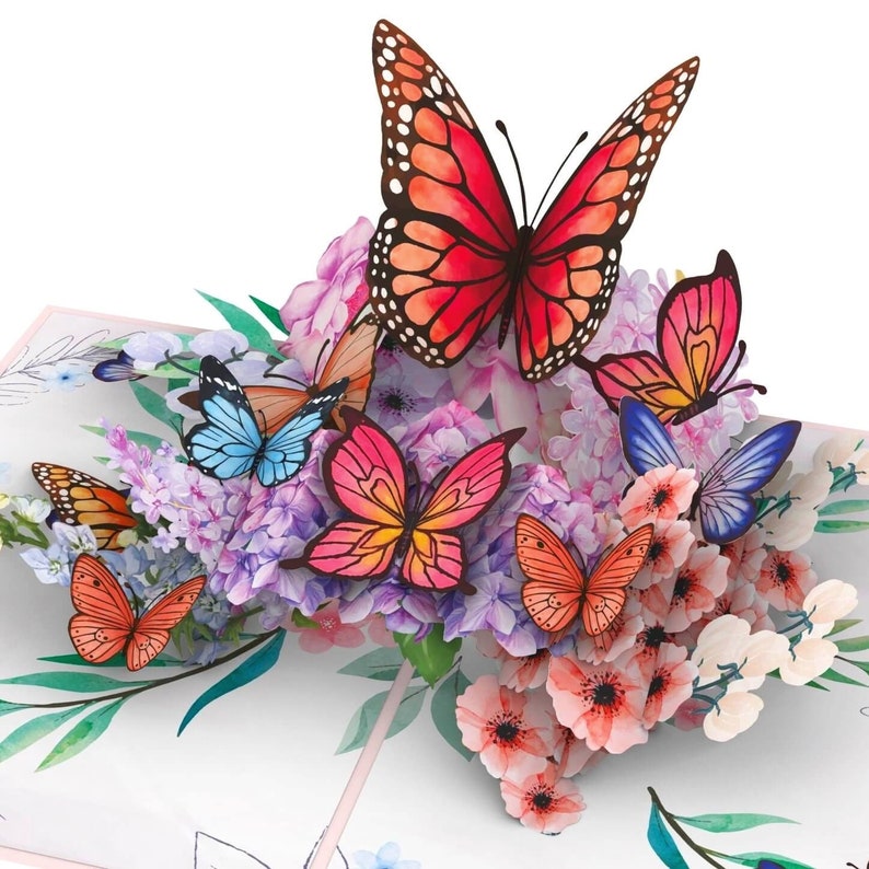 Tarjeta emergente Mariposas y flores Tarjeta de cumpleaños 3D para esposa, madre y novia, Tarjeta de flores 3D para el Día de la Madre, Tarjeta de recuperación pronto imagen 3