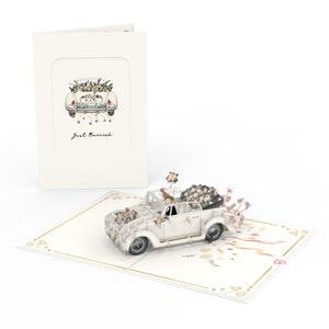 Carte pop-up de mariage Voiture de mariage Just Married Carte de mariage 3D, carte de félicitations faite à la main et cadeau en espèces pour l'état civil image 3