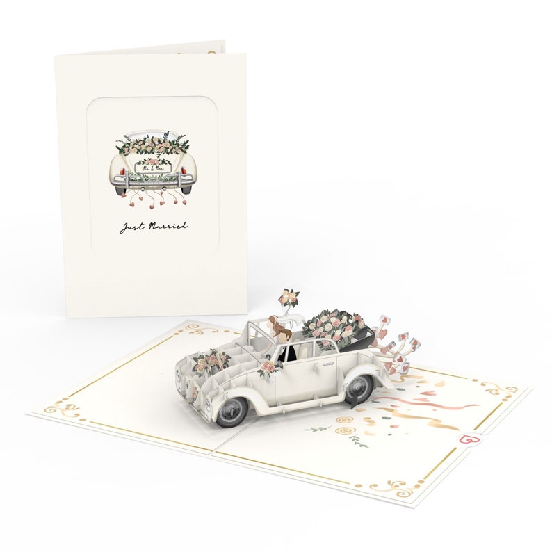 Carte pop-up de mariage Voiture de mariage « Just Married » - Carte de mariage 3D, carte de félicitations faite à la main et cadeau en espèces pour l'état civil image 3