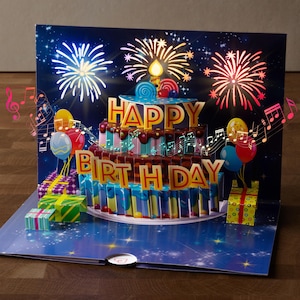 Biglietto di auguri pop-up per bambini con musica e luci - divertente biglietto regalo 3D con la canzone "Tanti auguri" per nipoti e figliocci (femmine, maschi)