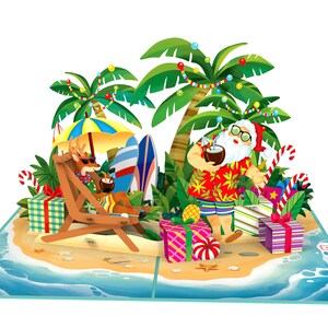 Tarjeta desplegable de Papá Noel en la playa: divertida tarjeta navideña en 3D para amigos, hombres, niños y niñas. Vale para las fiestas.