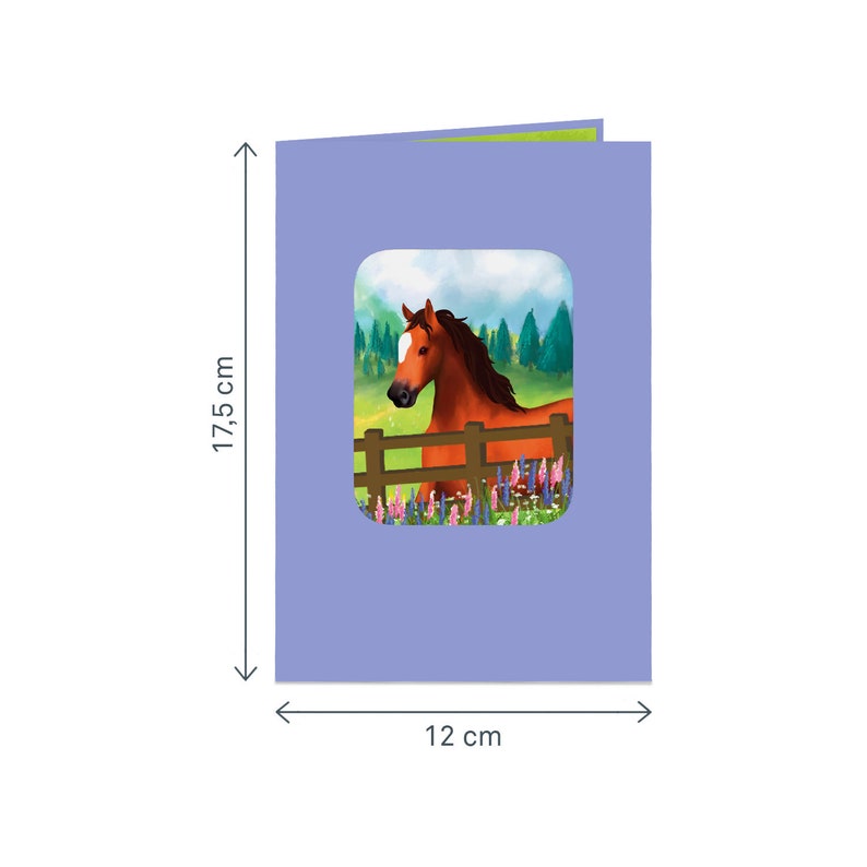 May include: A purple card with a window showing a brown horse with a white star on its forehead standing in a field of flowers. The card measures 12 cm by 17.5 cm.