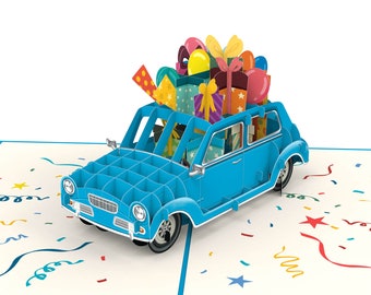 Pop Up Karte Auto und Geschenke - 3D Geburtstagskarte für Frau, Mann & Kinder, Happy Birthday Karte zum Geburtstag, lustige Glückwunschkarte