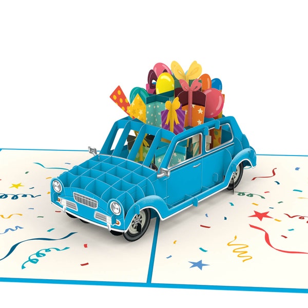 Pop Up Karte Auto und Geschenke - 3D Geburtstagskarte für Frau, Mann & Kinder, Happy Birthday Karte zum Geburtstag, lustige Glückwunschkarte