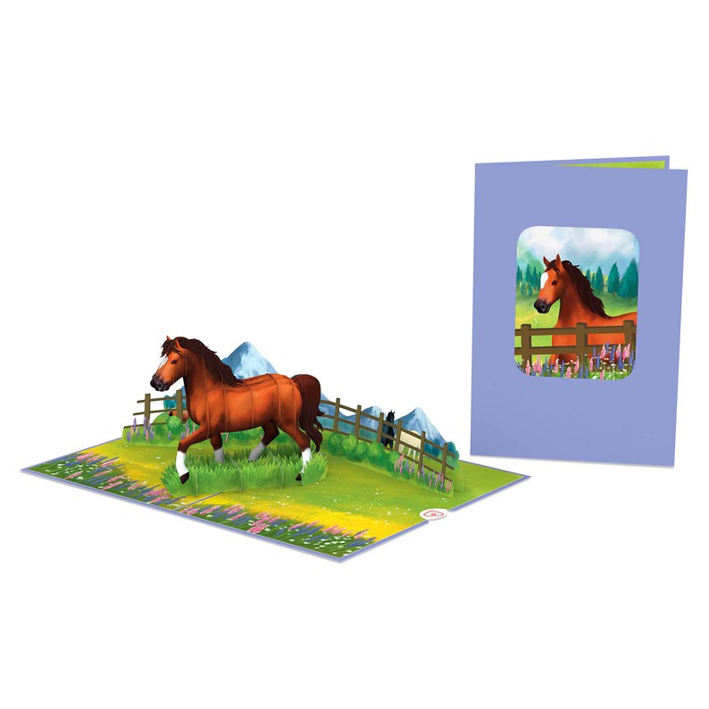 May include: A 3D pop-up card depicting a brown horse with a white stripe on its face standing in a green field with blue mountains in the background. The card is closed and shows a smaller image of the horse in a window.