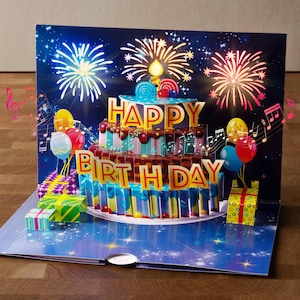 Könnte beinhalten: Eine Pop-up-Geburtstagskarte mit einem mehrstöckigen Kuchen, auf dem die Worte "HAPPY BIRTH DAY" stehen. Die Karte hat bunte Luftballons, Feuerwerk und Geschenkboxen. Der Hintergrund ist ein sternenübersäter Nachthimmel.