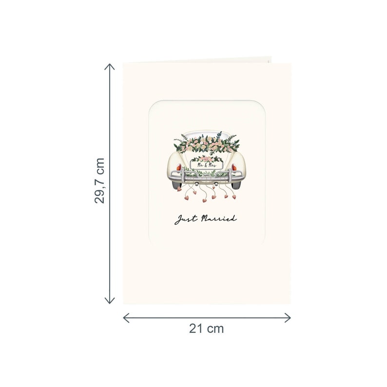 Carte pop-up de mariage Voiture de mariage « Just Married » - Carte de mariage 3D, carte de félicitations faite à la main et cadeau en espèces pour l'état civil image 9