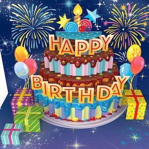 Tarjeta de cumpleaños infantil emergente con música y luz: divertida tarjeta de regalo 3D con canción de Feliz Cumpleaños para nietos y ahijados (niñas, niños).