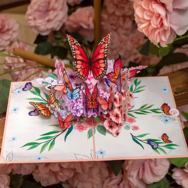 Tarjeta emergente Mariposas y flores Tarjeta de cumpleaños 3D para esposa, madre y novia, Tarjeta de flores 3D para el Día de la Madre, Tarjeta de recuperación pronto imagen 1