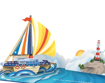 Pop-up card "Off to new shores" - 3D farewell card for colleagues on retirement - farewell to employees, bosses & colleagues