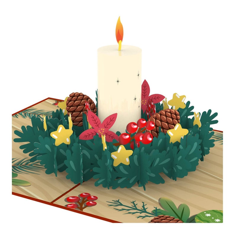 May include: A 3D pop-up card featuring a white candle with a flame, surrounded by a green wreath with red berries, pine cones, and yellow stars.